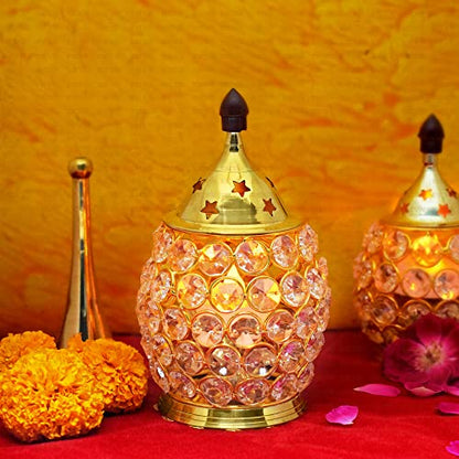 Pure Brass Oval Shape Crystal Glass Chimney Diya